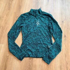 NWT AFRM Los Angeles Emerald Green Lace Mock Neck Long Sleeve Top S